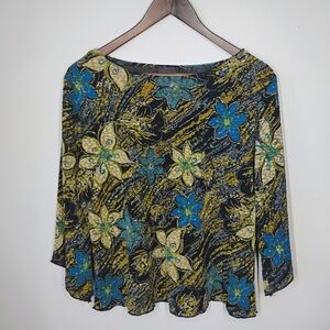 Brittany Black Y2K Whimsigoth Floral Metallic Top Asymmetrical Sleeve Size Large